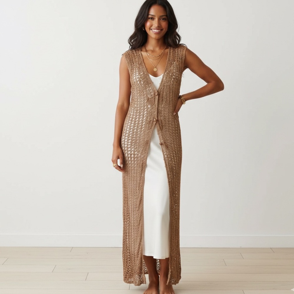 Crochet Cover Up Long Tan
